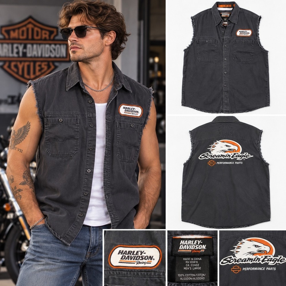 Harley Davidson Racing Screamin Eagle Sleeveless Shirt Men's L Biker Raw Hem